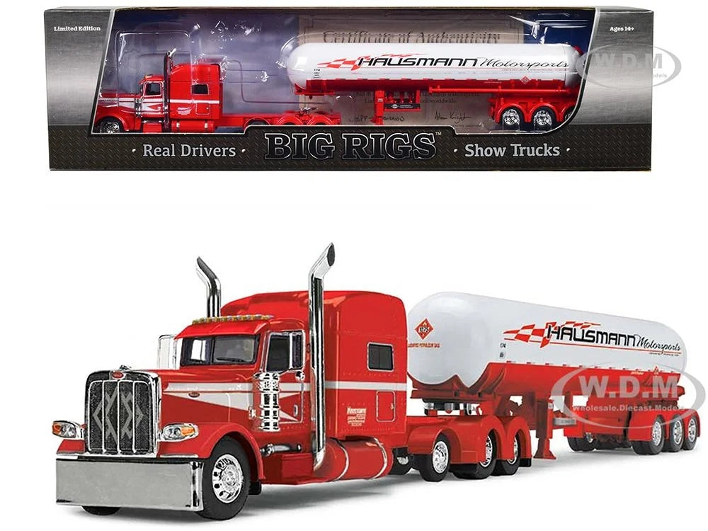 Peterbilt 389 with 70" Mid-Roof Sleeper Cab and Mississippi LP Tanker Trailer Red and White "Hausmann Transport" "Big Rigs" Series 1/64 Diecast Model